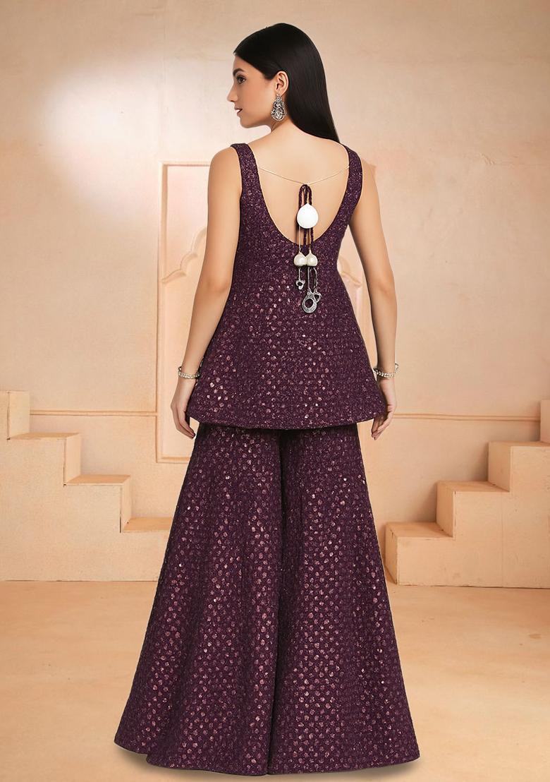 Brown Sequin Work Georgette Sharara Set - Indya