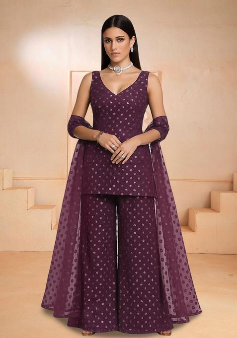 Brown Sequin Work Georgette Sharara Set