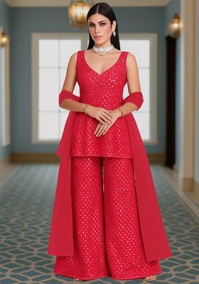 Pink Sequin Work Georgette Sharara Set