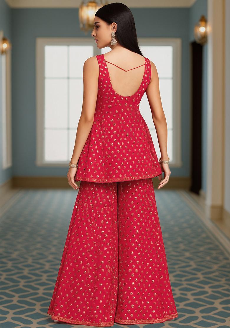 Pink Sequin Work Georgette Sharara Set - Indya