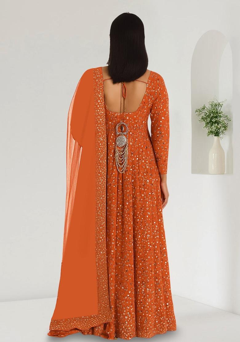 Orange Embroidered Georgette Anarkali Set - Indya