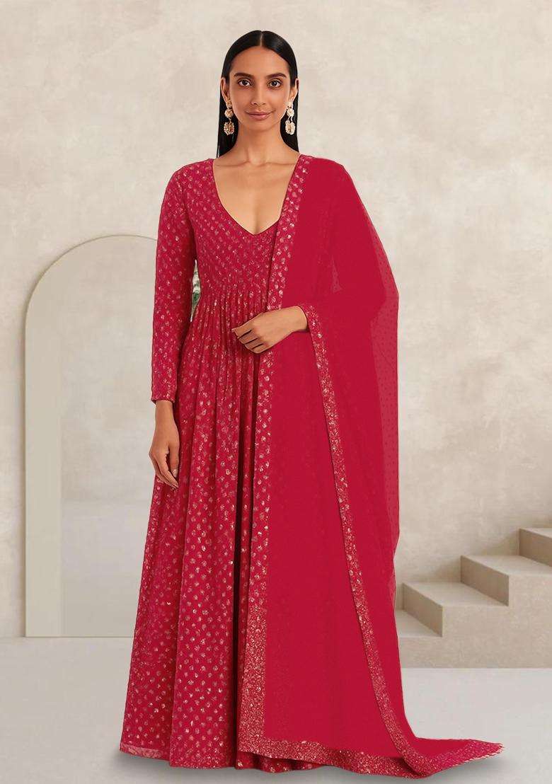Pink Embroidered Georgette Anarkali Set - Indya