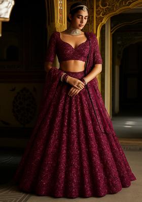 Purple Embroidered Net Lehenga Set