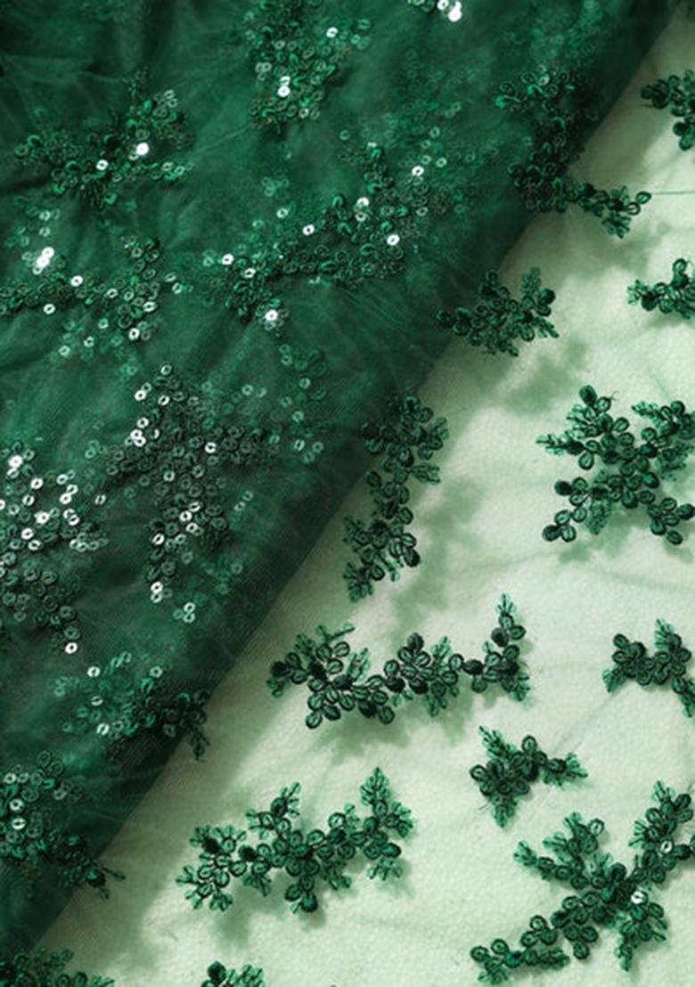 Green Embroidered Net Lehenga Set - Indya