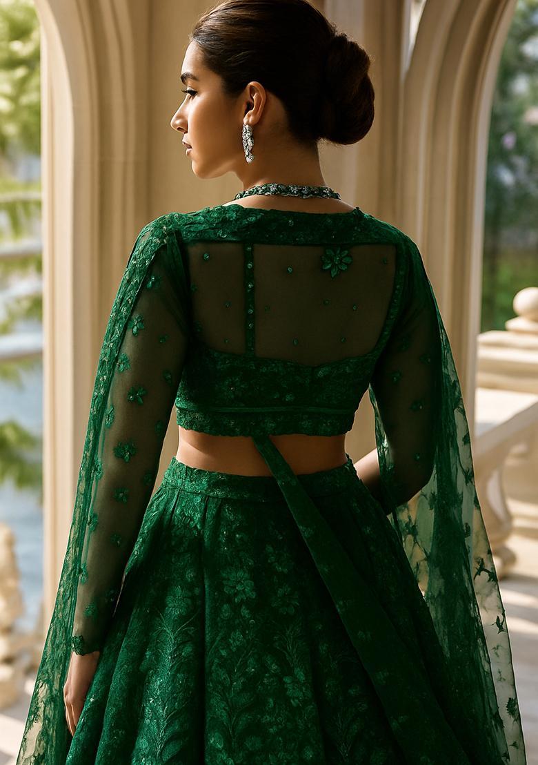 Green Embroidered Net Lehenga Set - Indya