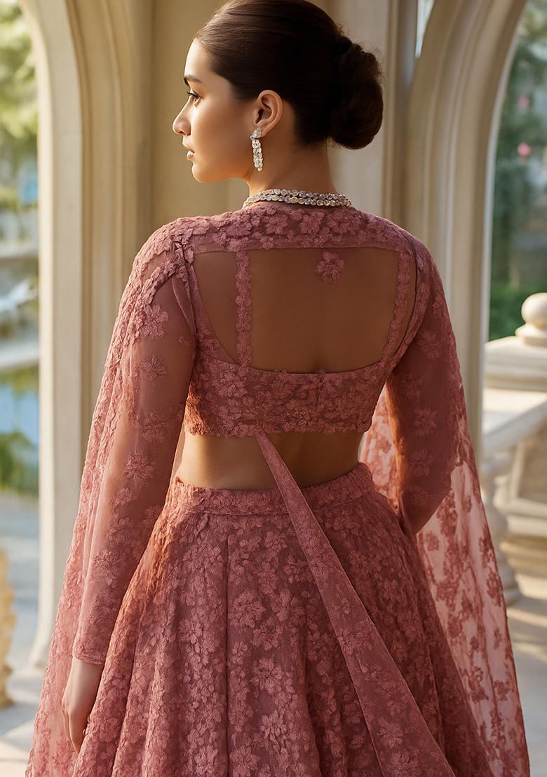 Mauve Embroidered Net Lehenga Set - Indya