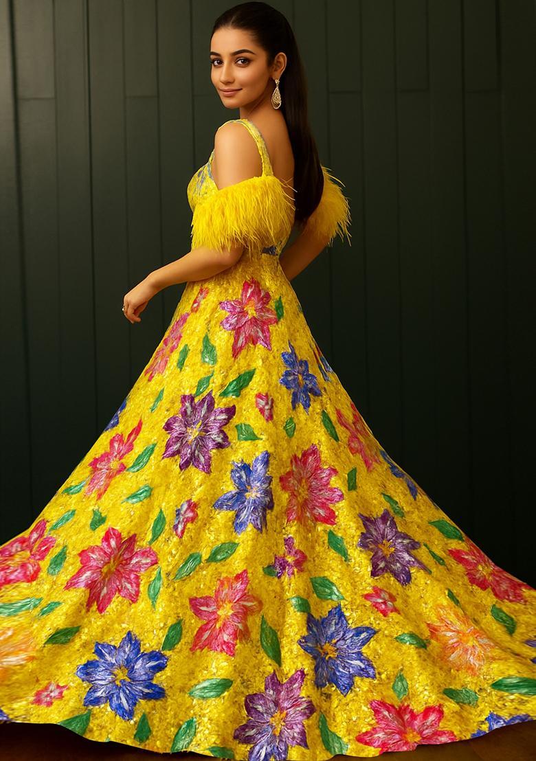 Yellow Embroidered Crepe Lehenga Set - Indya