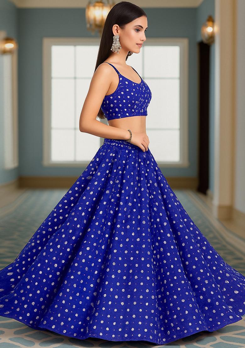 Blue Purple Embroidered Georgette Lehenga Set - Indya