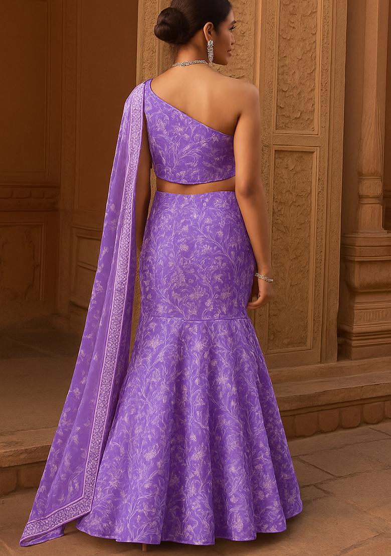 Purple Embroidered Georgette Lehenga Set - Indya