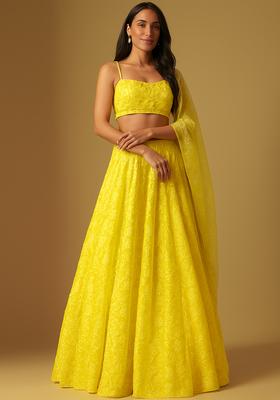 Yellow Embroidered Georgette Lehenga Set