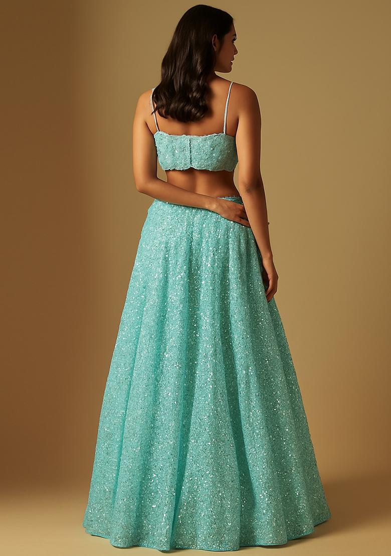 Powder Blue Embroidered Georgette Lehenga Set - Indya