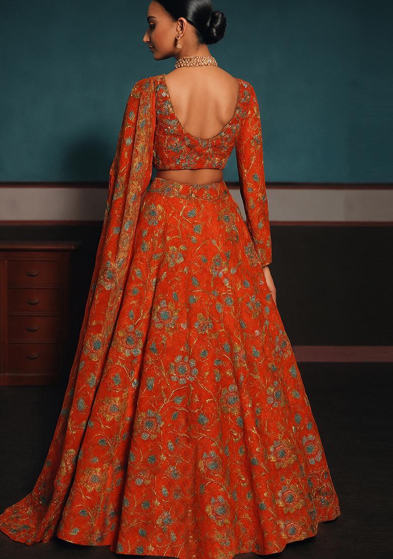 Orange Embroidered Organza Lehenga Set - Indya