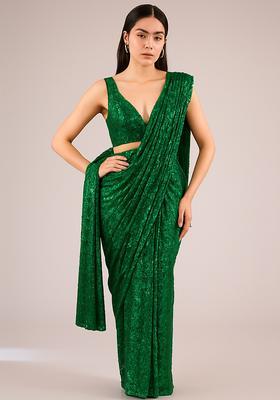 Green Embroidered Net Pre Draped Saree Set