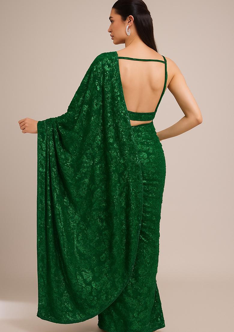 Green Embroidered Net Pre Draped Saree Set - Indya