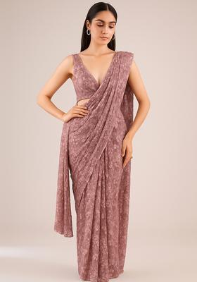 Mauve Embroidered Net Pre Draped Saree Set