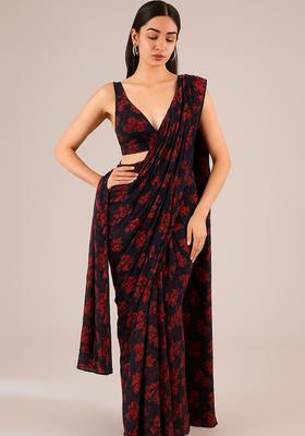 Black And Red Embroidered Net Pre Draped Saree Set