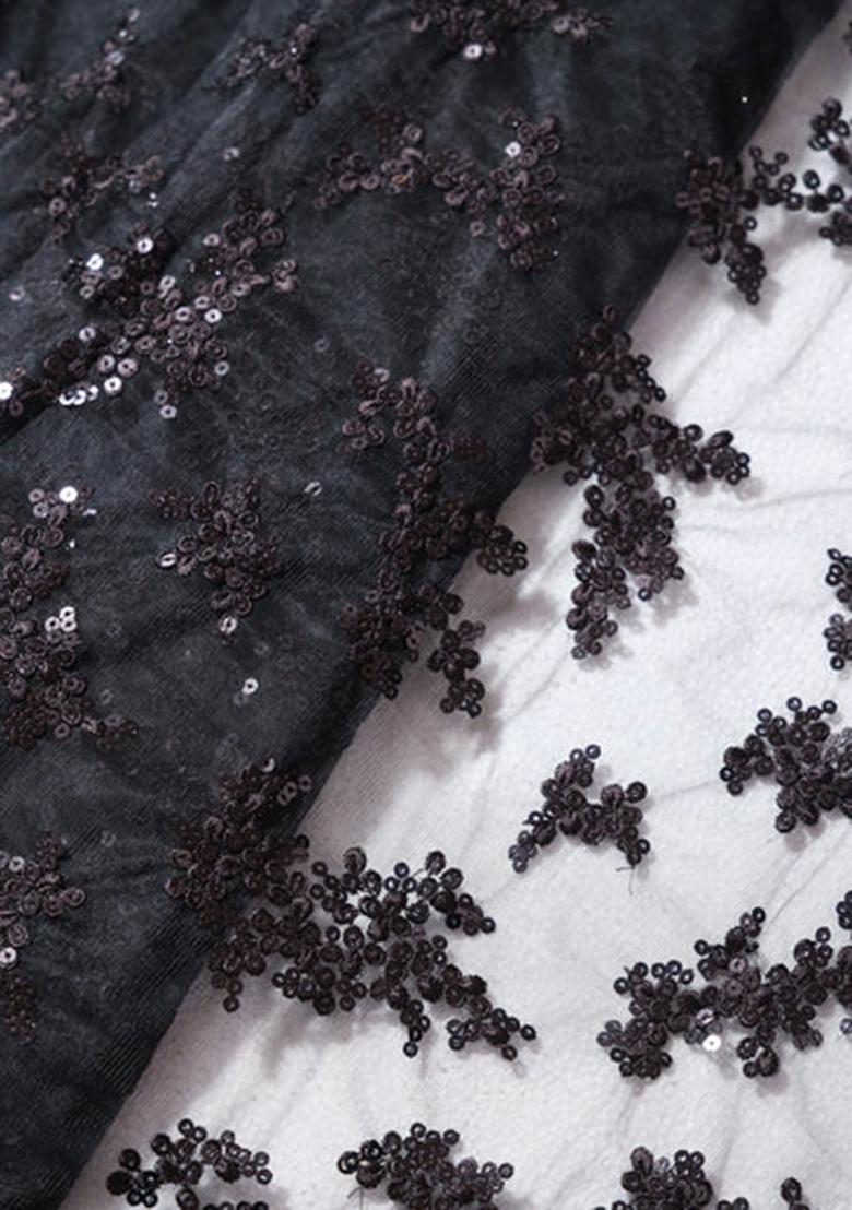 Black Embroidered Net Pre Draped Saree Set - Indya