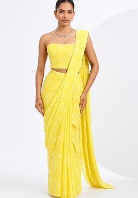 Yellow Embroidered Georgette Pre Draped Saree Set