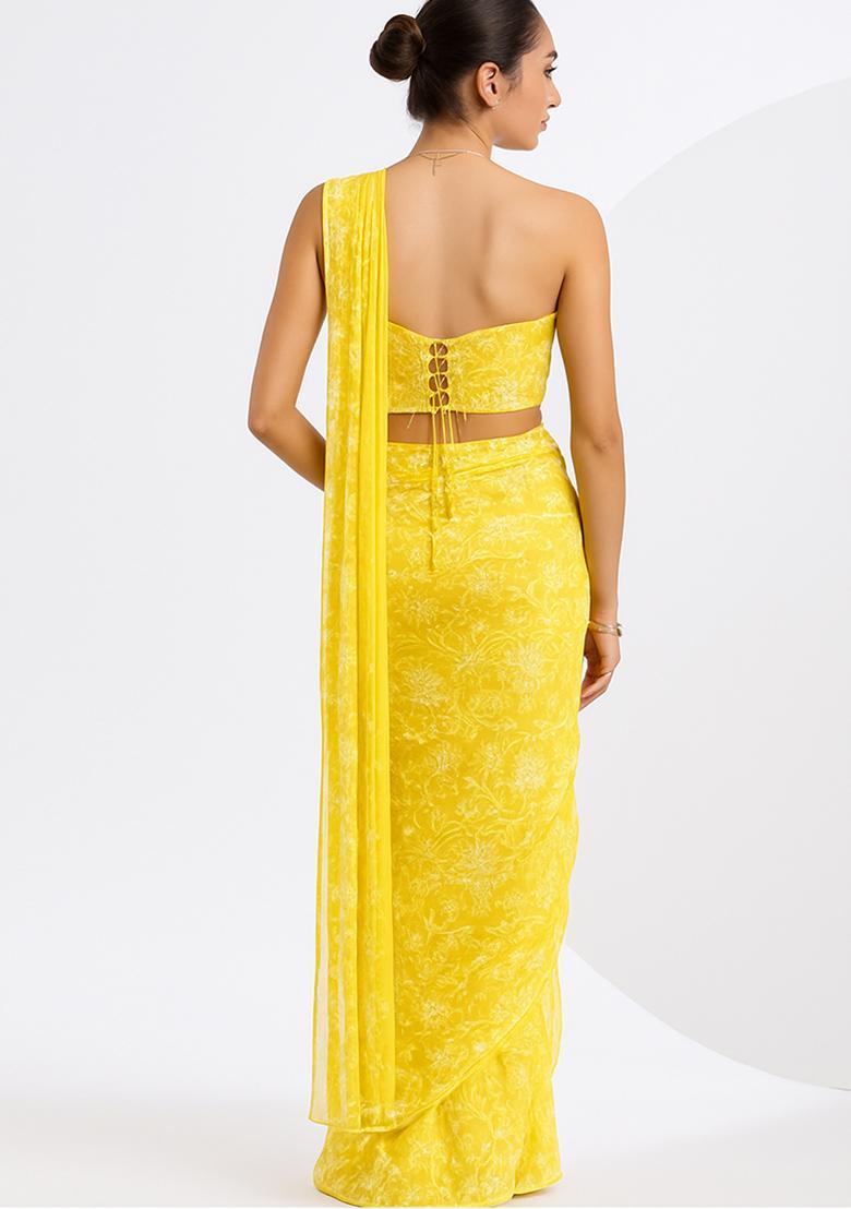 Yellow Embroidered Georgette Pre Draped Saree Set - Indya