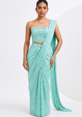 Powder Blue Embroidered Georgette Pre Draped Saree Set