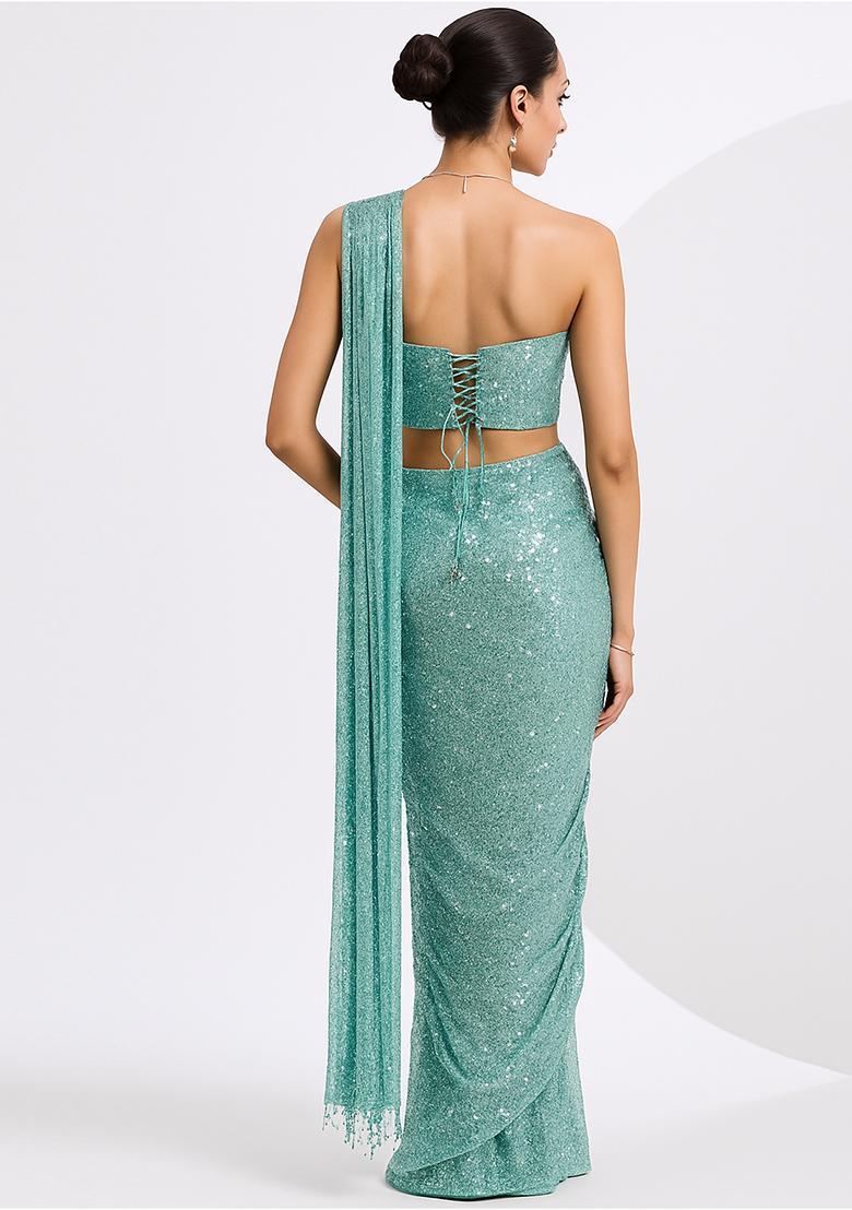 Powder Blue Embroidered Georgette Pre Draped Saree Set - Indya