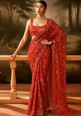 Orange Embroidered Organza Pre Draped Saree Set