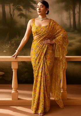 Yellow Embroidered Organza Pre Draped Saree Set