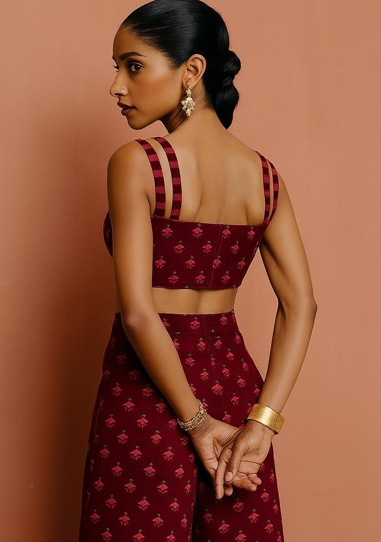 Maroon Printed Chanderi Fusion Set - Indya