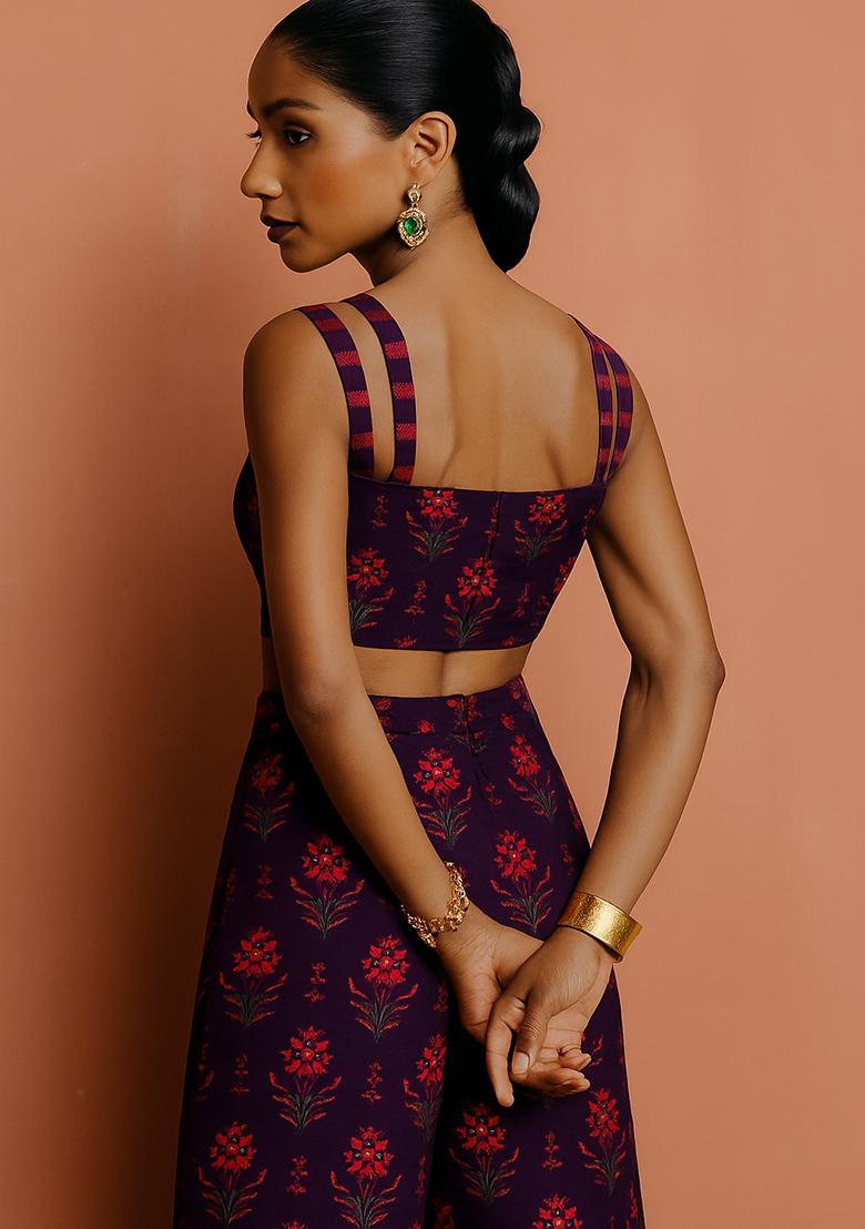 Purple Printed Chanderi Fusion Set - Indya