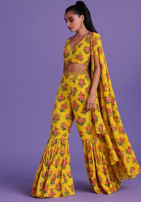 Yellow Printed Satin Fusion Set