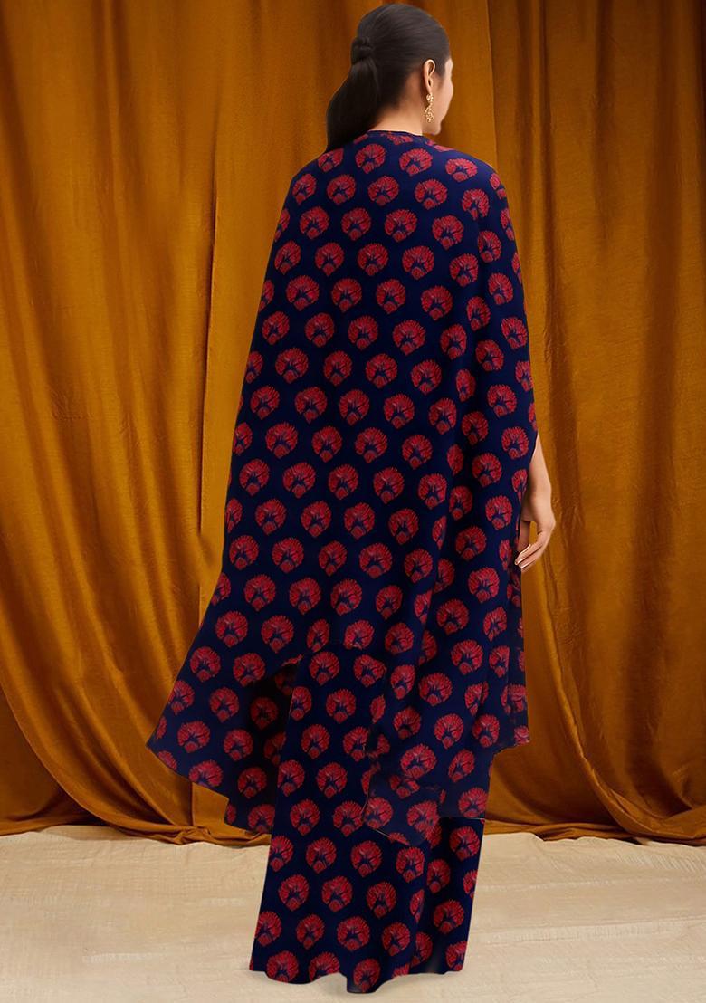Blue Printed Satin Fusion Set - Indya