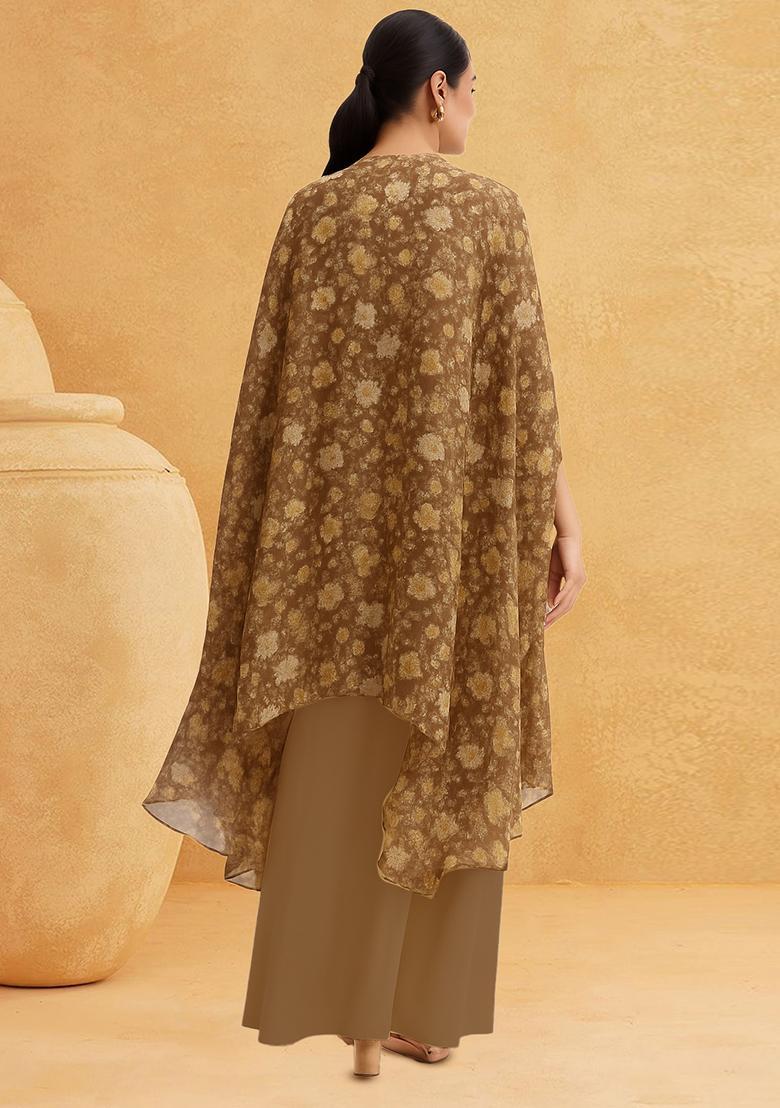 Brown Printed Satin Fusion Set - Indya