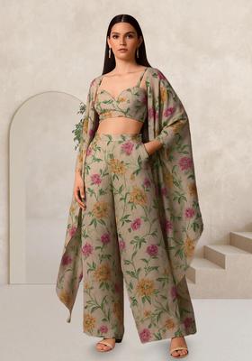 Beige Printed Chiffon Fusion Set