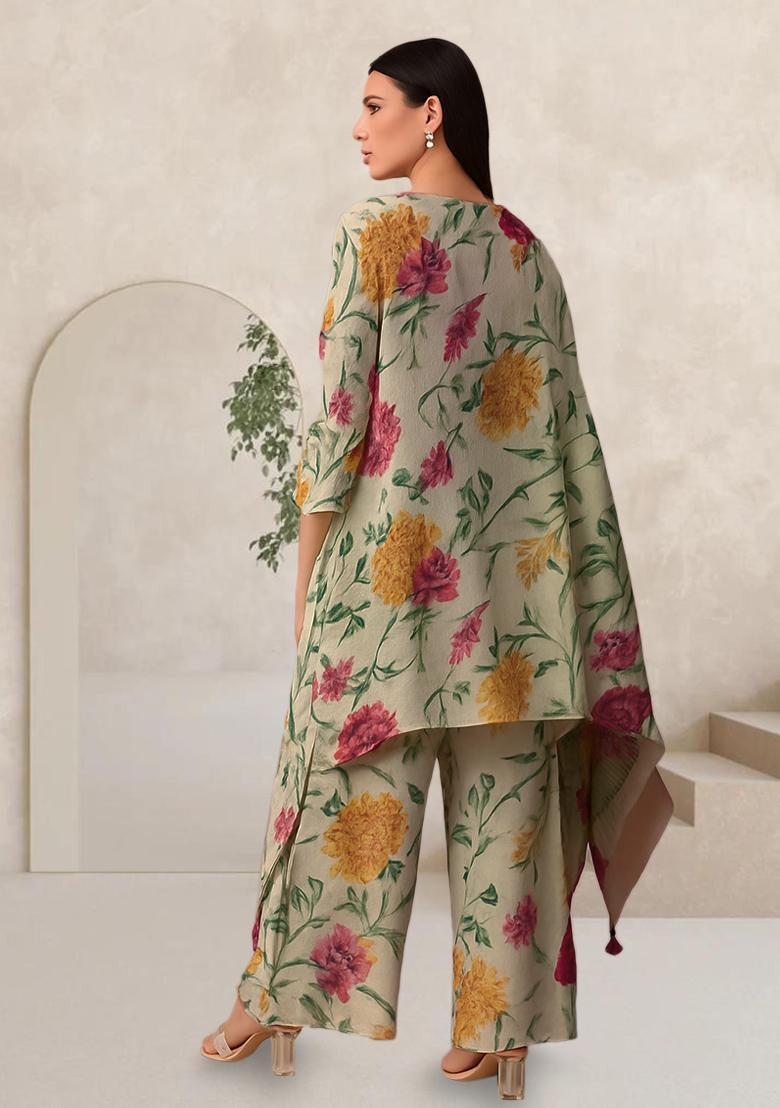 Beige Printed Chiffon Fusion Set - Indya