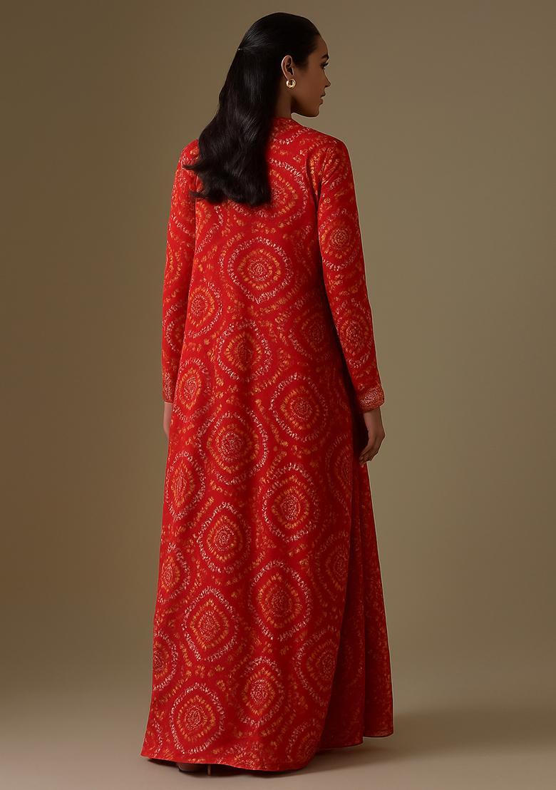 Red Printed Organza Fusion Set - Indya