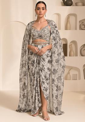 White Printed Chiffon Fusion Set
