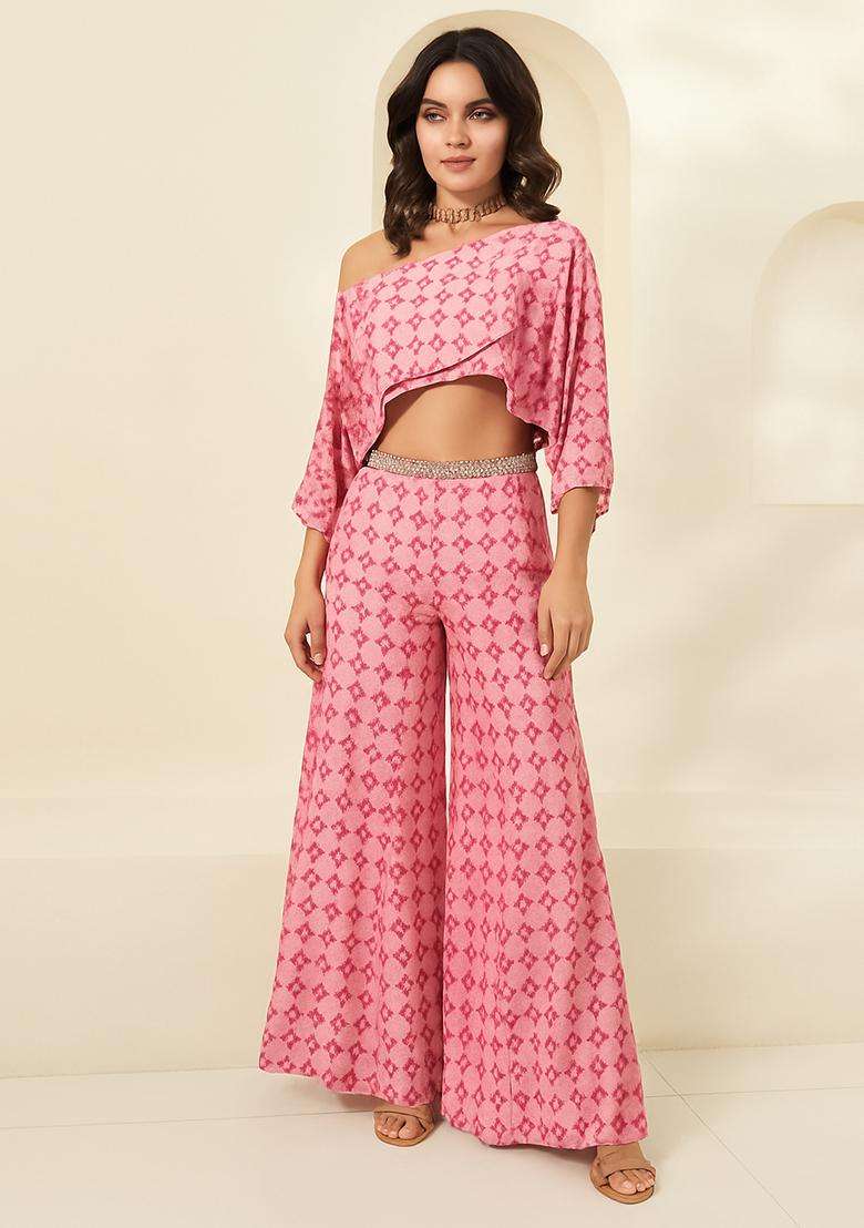Pink Printed Chiffon Fusion Set - Indya