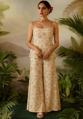 Beige Floral Print Chiffon Co Ord Set