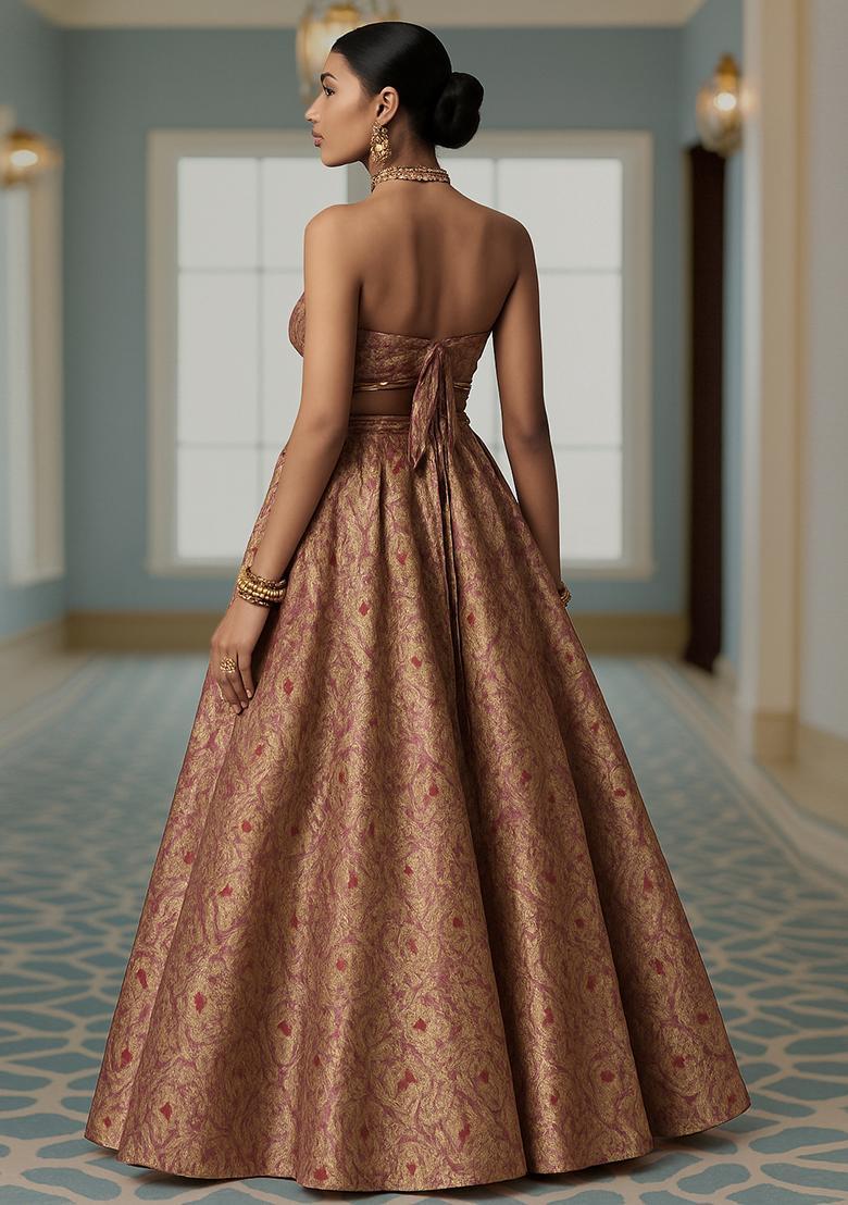Purple Jacquard Brocade Lehenga Set - Indya