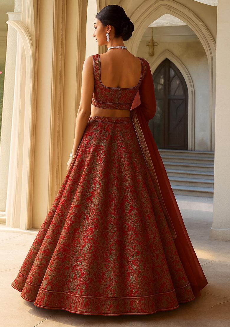 Pink Jacquard Brocade Lehenga Set - Indya