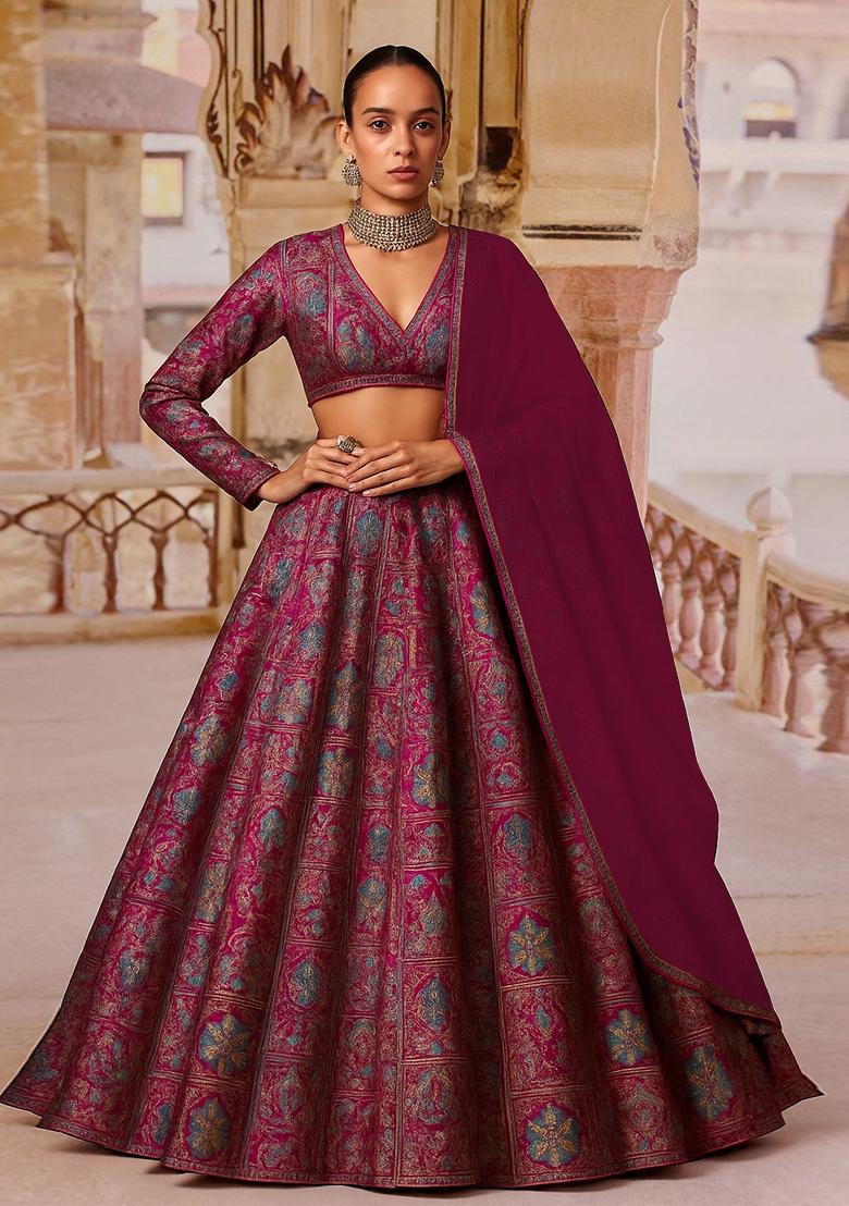 Magenta Pink Jacquard Brocade Lehenga Set - Indya