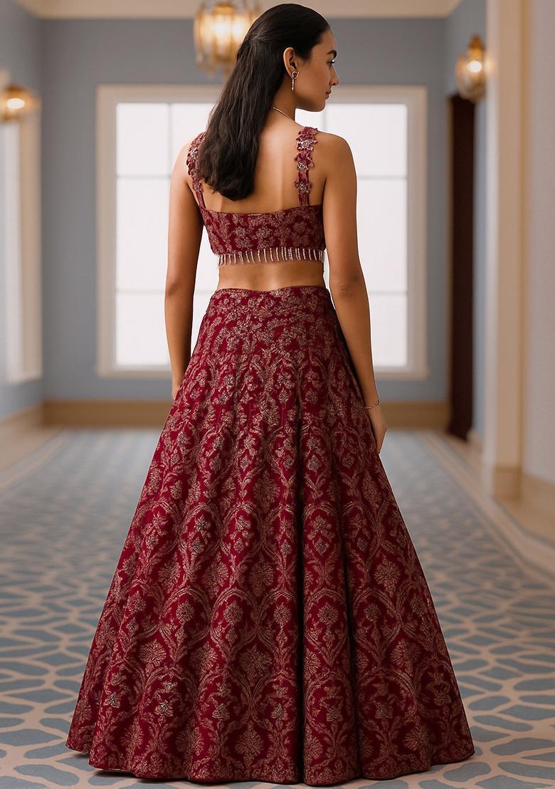 Maroon Jacquard Brocade Lehenga Set - Indya