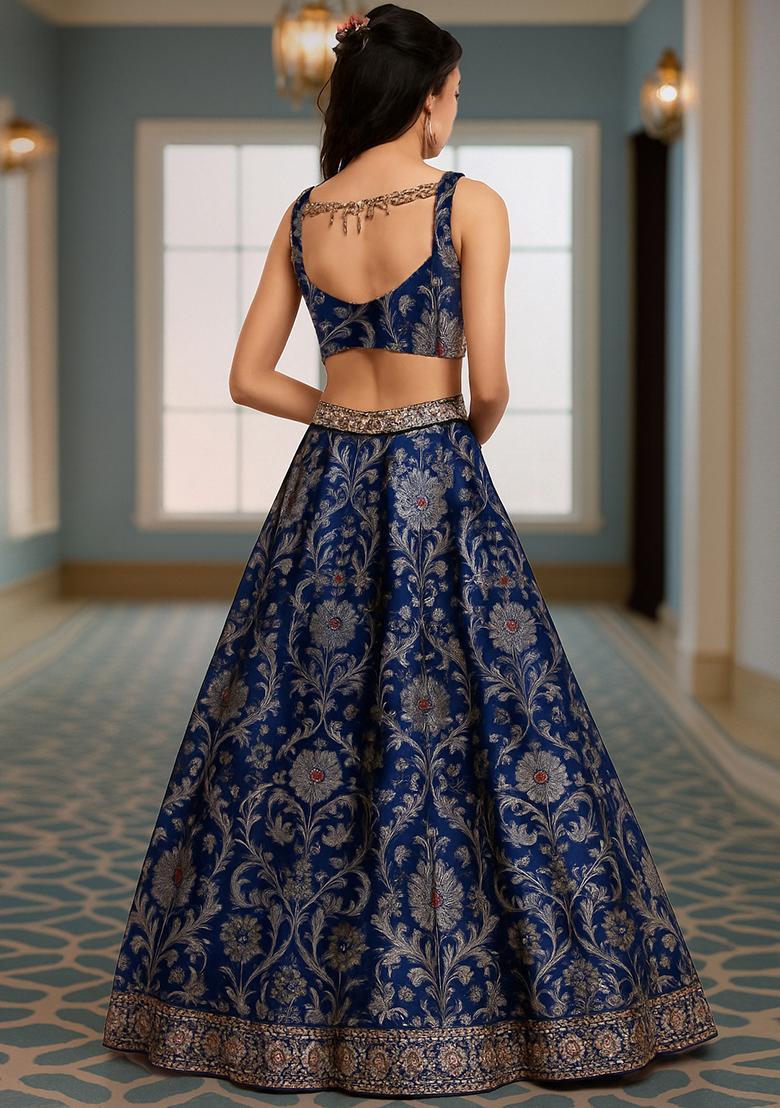 Navy Blue Jacquard Brocade Lehenga Set - Indya