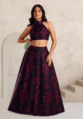Maroon Printed Silk Blend Lehenga Set