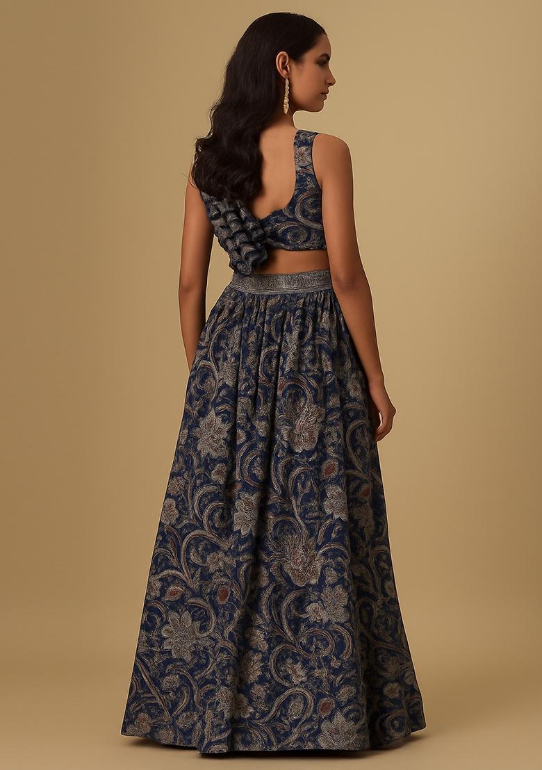 Navy Blue Printed Viscose Lehenga Set - Indya