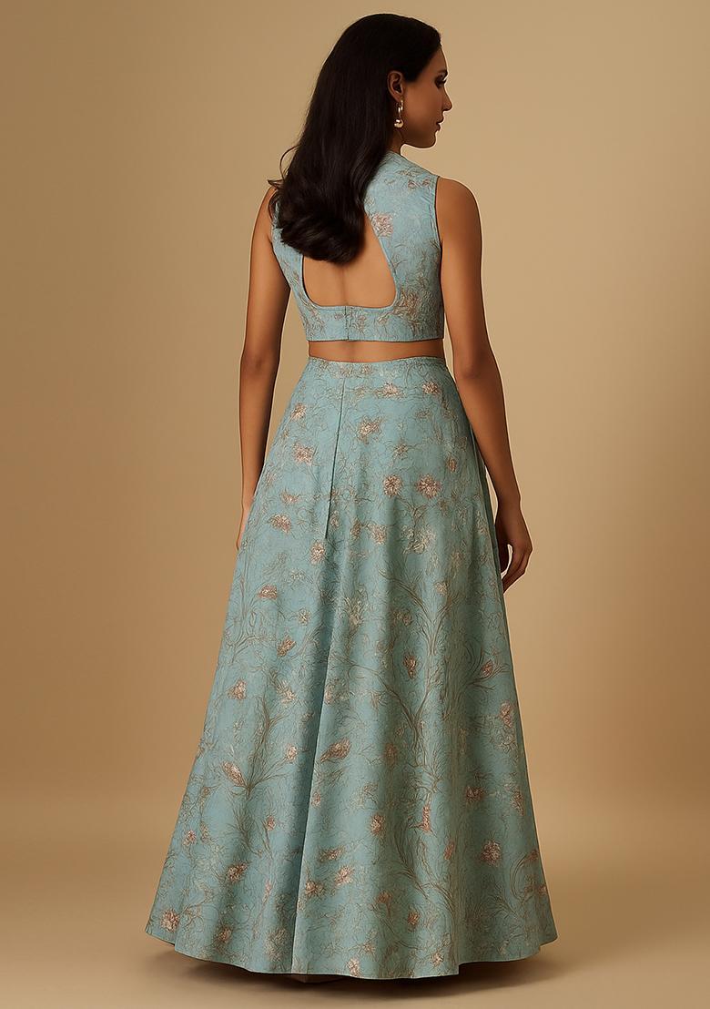 Blue Printed Viscose Lehenga Set - Indya