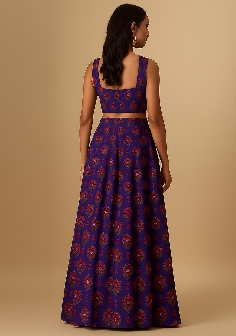 Purple Printed Chanderi Lehenga Set - Indya