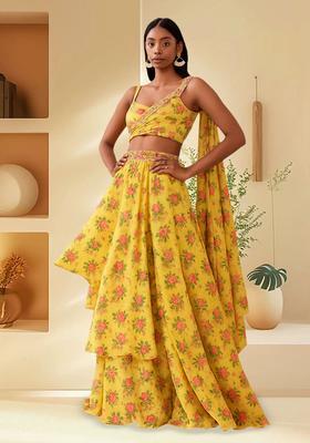 Yellow Printed Satin Lehenga Set