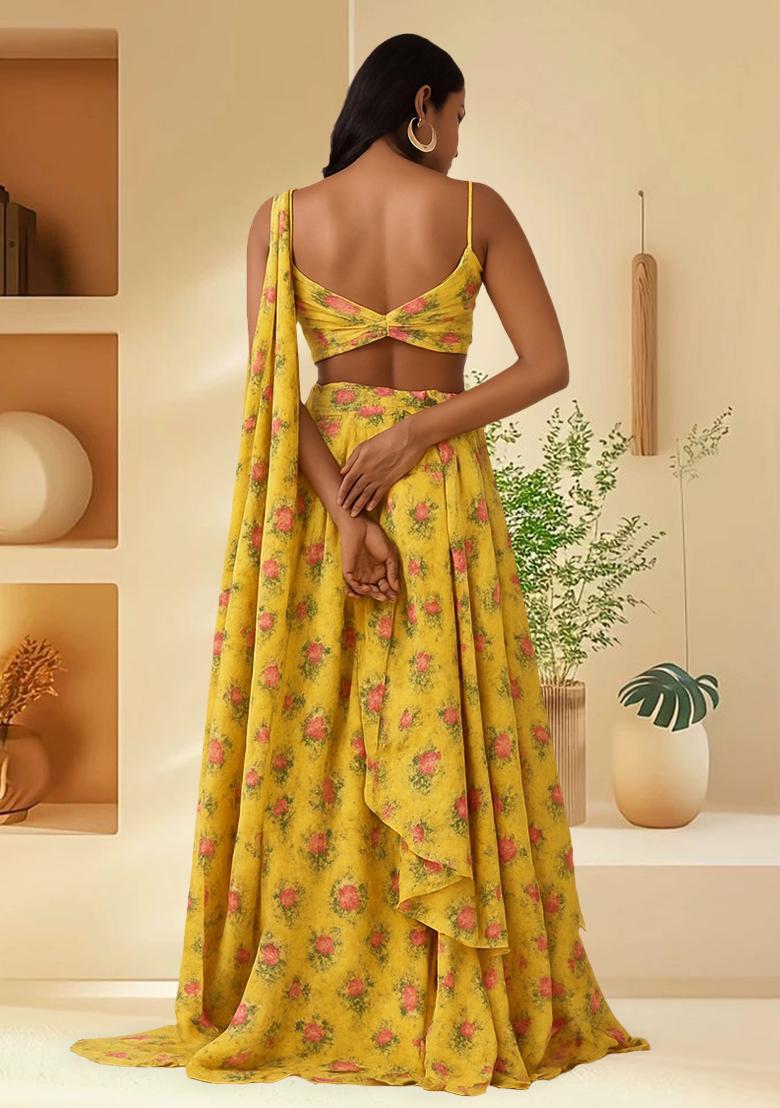 Yellow Printed Satin Lehenga Set - Indya