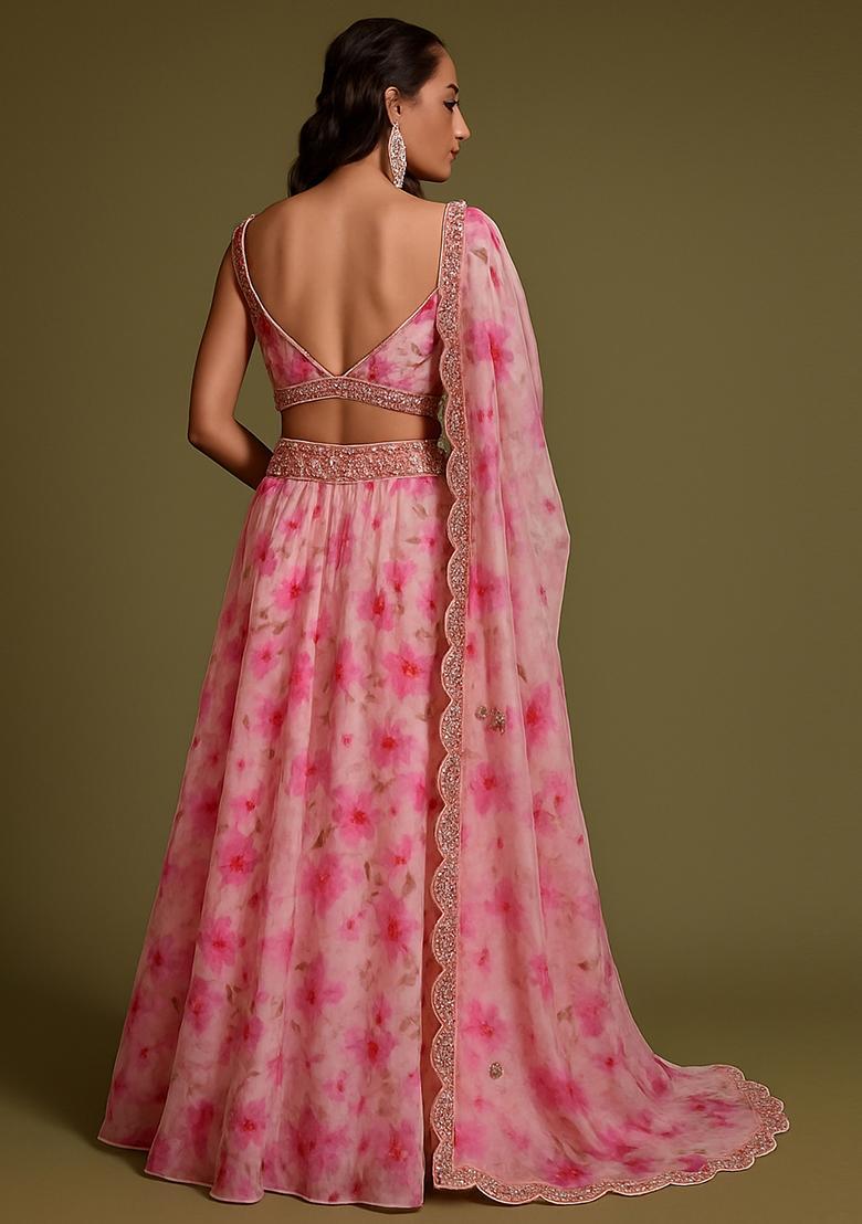 Pink Printed Chiffon Lehenga Set - Indya